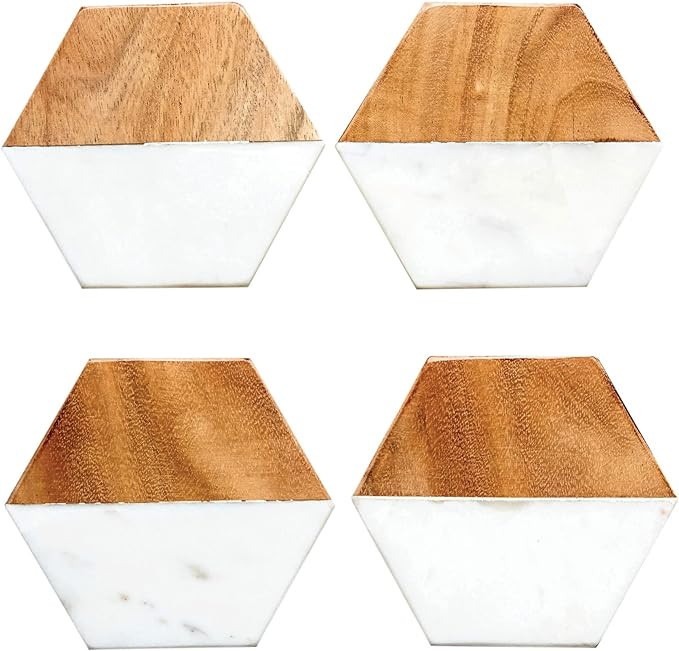 Creative Co-Op Marble and Natural Mango Wood Coasters (Set of 4), Hexagon, Multicolored | Amazon (US)