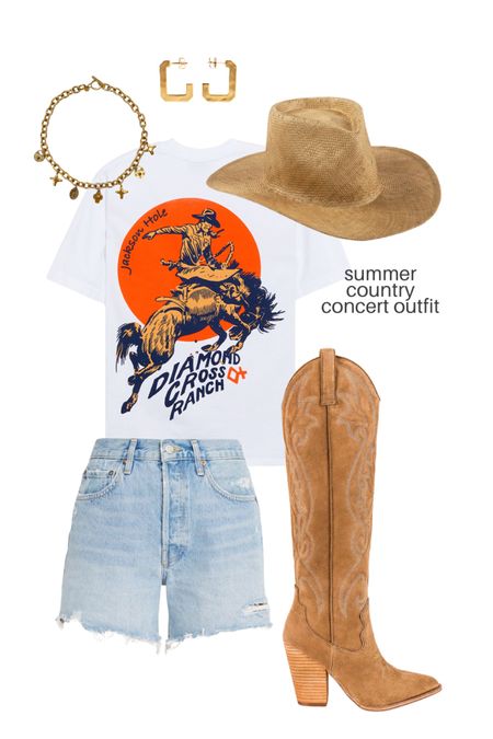 Summer country concert outfit, Jean short outfit, country outfit, cowboy boots, brown boots, cowboy hat, gold jewelry, graphic tee, country tee, Nashville outfit 

#LTKShoeCrush #LTKSeasonal #LTKFestival