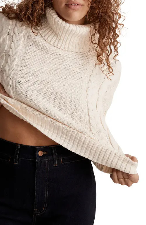 Madewell Crockett Cable Turtleneck Sweater in Antique Cream at Nordstrom, Size Medium | Nordstrom