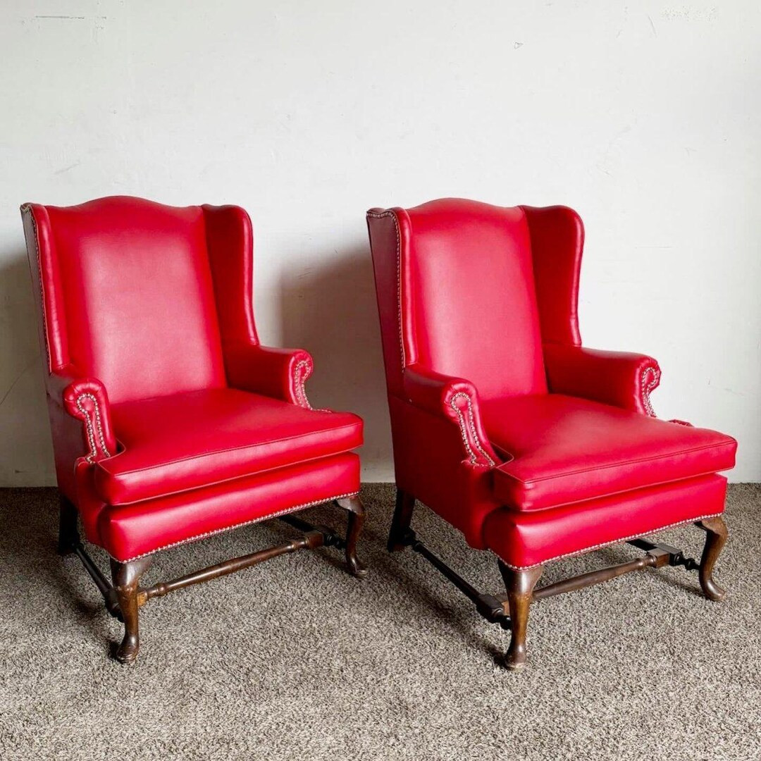 Traditional Red Faux Leather Wingback Chairs - a Pair - Etsy | Etsy (US)