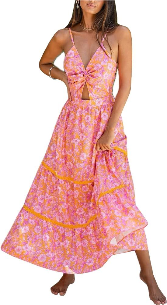 CUPSHE Women's Maxi Dress V Neck Twisted Sleeveless Cutout Self Tie Long Dress Summer Formal Dres... | Amazon (US)