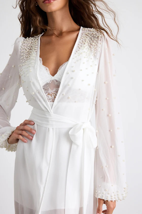 Vamelia Ivory Sheer Pearl Long Robe | Lulus