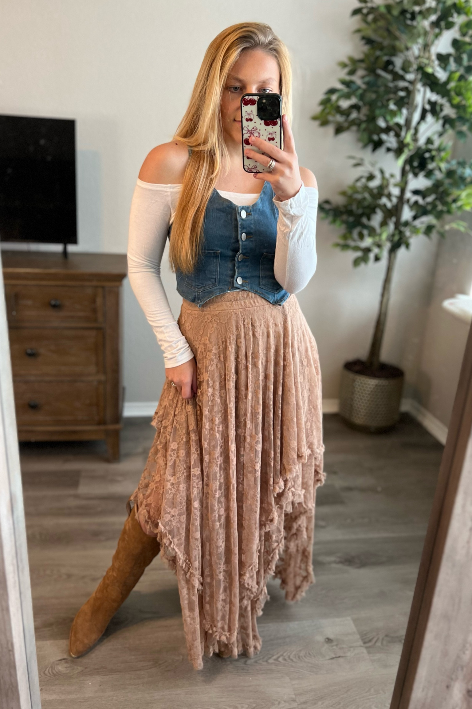 Outfit idea - ootd - boho outfit - western outfit - cowboy boots - maxi skirt - denim vest - vest top - off the shoulder top - date night - cute outfit 

#LTKStyleTip #LTKFallSale #LTKShoeCrush