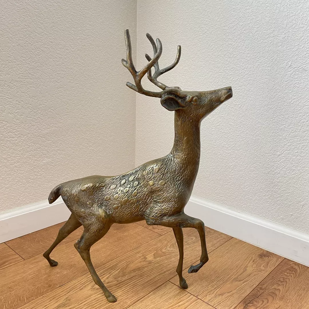 tarnished brass reindeer buck & doe deer, solid brass figurines