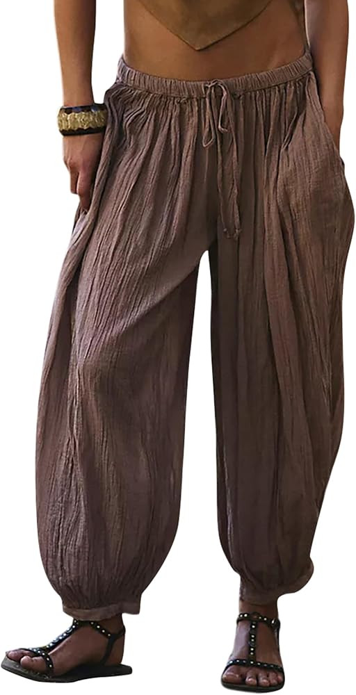 Women Sheer Wide Leg Pants Drawstring Elastic Waist Harem Pants Causal Boho Summer Beach Flowy Ba... | Amazon (US)