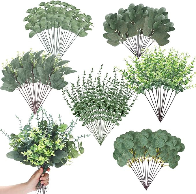 Ceenna 120 Pcs 6 Kinds Mixed Greenery Stem Artificial Faux Eucalyptus Leaves Silver Dollar Eucaly... | Amazon (US)
