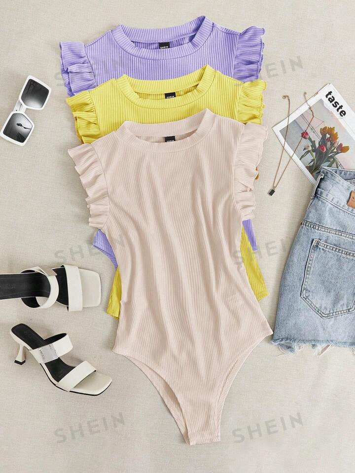 SHEIN Essnce Women Summer Solid Color Flutter Sleeve Round Neck Casual Bodysuit | SHEIN