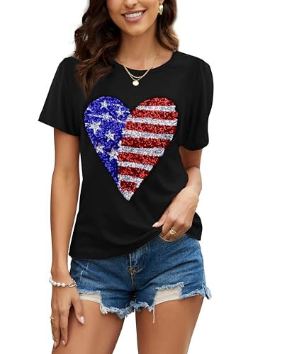 July 4th Womens Patriotic Shirt Sexy Graphic Sequin Flag Tops Memorial Day American Flag Tops, Patriotic Heart, X-Large | Amazon (US)