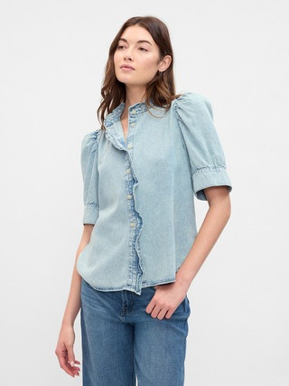 Denim Puff Sleeve Ruffle Top | Gap Factory