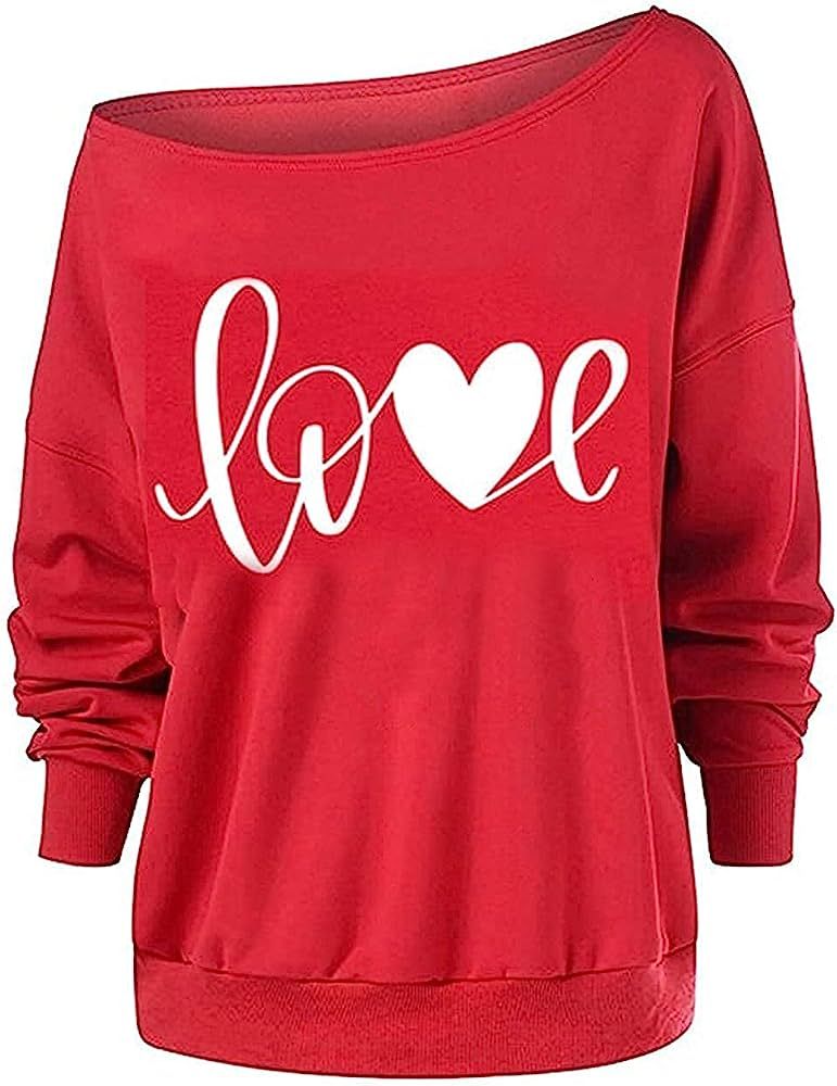 Decogiver Women's Off Shoulder Love Heart Pattern Printed Long Sleeve Valentines Day Sweaters | Amazon (US)