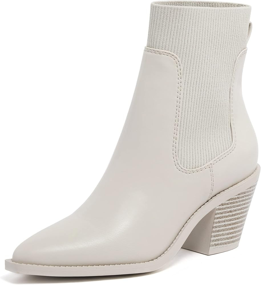 vodvob Womens Ankle Boots Slip on Pointed Toe Chunky Block Heel Elastic Panel Casual Chelsea Sued... | Amazon (US)