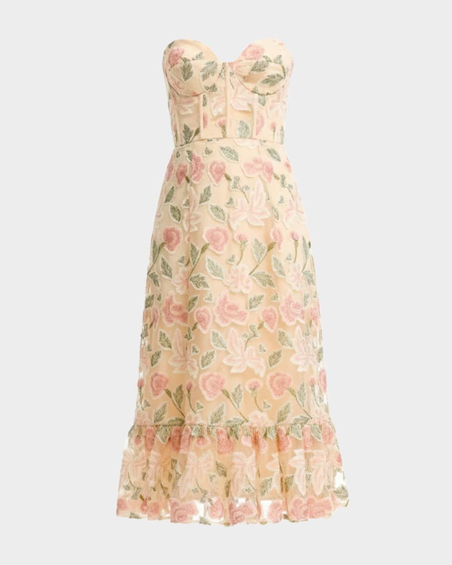 Dress the Population Black Label Carina Strapless Floral Applique Midi Dress | Neiman Marcus