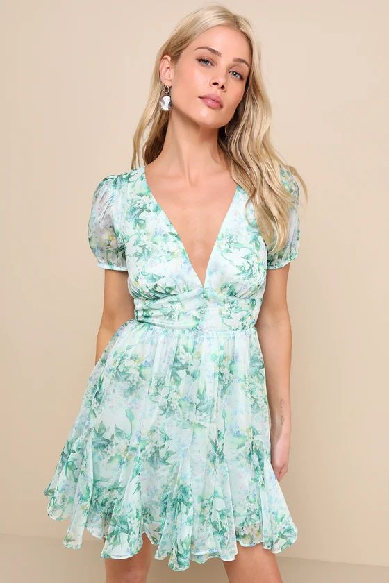 Adored Behavior Light Green Floral Cutout Puff Sleeve Mini Dress | Lulus