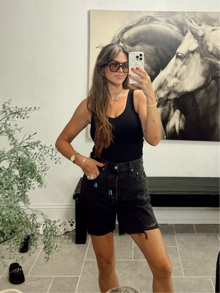 Size up one in the shorts for a comfier fit. Wearing an XS petite (I’m 5’9) because I find these run big and a little too long for my liking — it’s still tucked in here.

#longshorts #levisdenim #blackdenim 

#LTKFindsUnder100 #LTKFindsUnder50