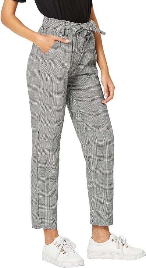 SOLY HUX Women's Mid Waist Plaid Button Loose Pencil Pants Cropped Trousers | Amazon (US)