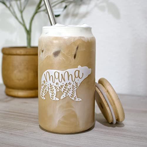 Mama Bear Iced Coffee Glass Cup with Bamboo Lid and Straw | 16oz Beer Can Glass with Lids and Straw  | Amazon (US)