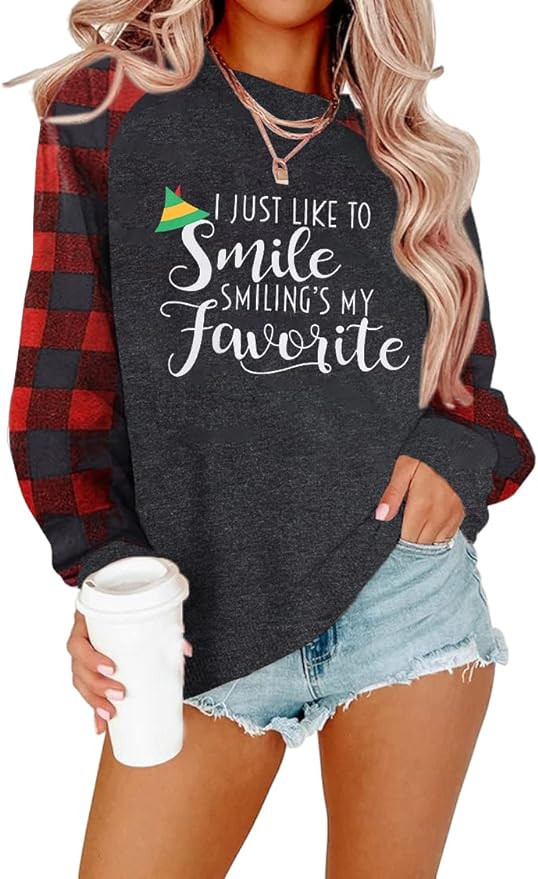 FLOYU Women I Like to Smile Smiling's My Favorite Sweatshirt Christmas Elf Pullover Oversized Mer... | Amazon (US)