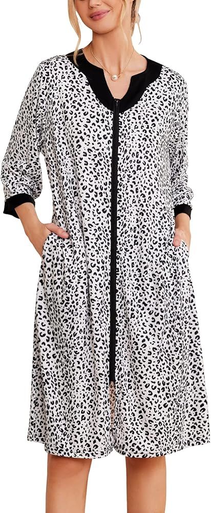 Ekouaer Women Zipper Robe 3/4 Sleeve Nightgowns Lightweight Short Bathrobe with Pockets S-3XL | Amazon (US)