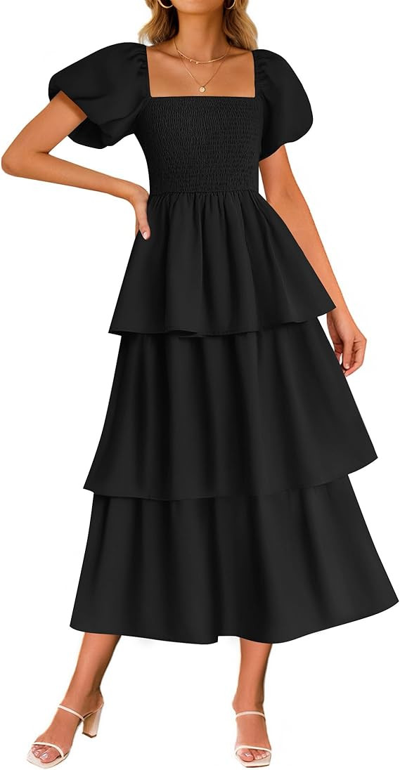 ZESICA Women's 2025 Summer Boho Midi Dress Short Puff Sleeve Flowy A Line Tiered Beach Vacation L... | Amazon (US)
