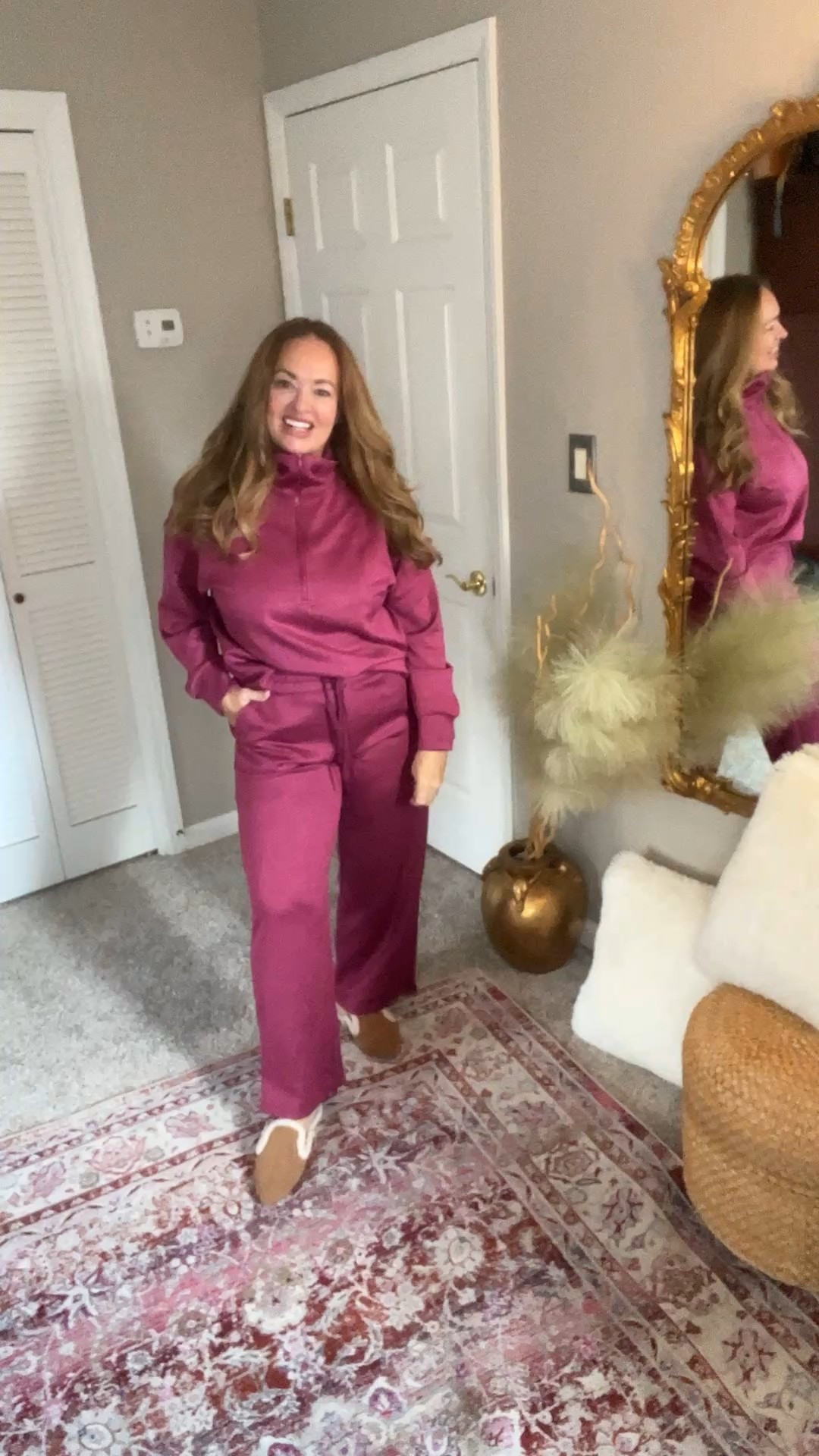 Mulberry athliesure set featuring a funnel neck that unzips to a v neck. 

 2 Piece Sets for Women 1/2 Zip Sweatsuit Loose Fit Sweatshirt Straight Leg Pants 2025 Matching Outfit Fall Tracksuit

#LTKmomlife #LTKselfcare #LTKmorningroutine
