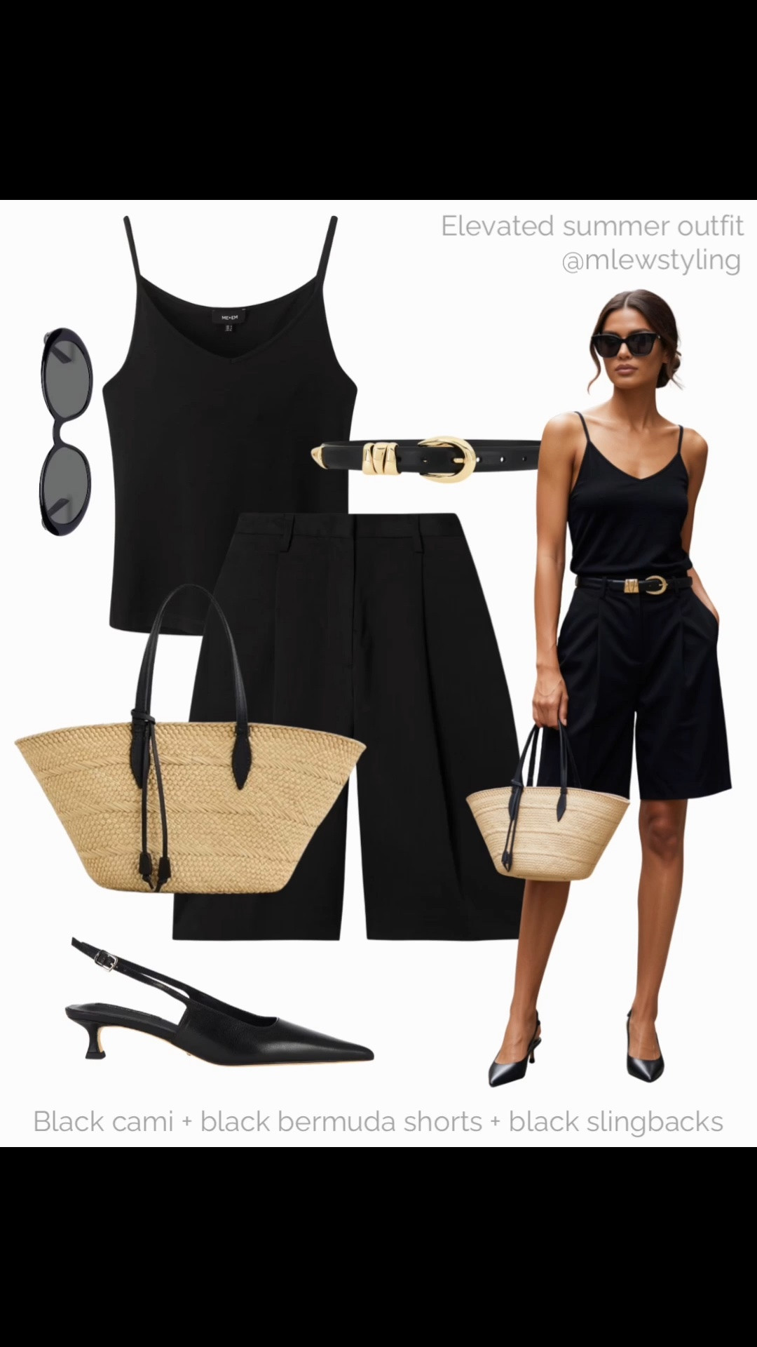 Elevated Bermuda shorts outfit 🌼

Tags: summer outfit, pleated shorts, black cami, Shopbop raffia tote bag, all-black neutral outfit, sling back heels, oval sunglasses, outfit formulas

#LTKsummer #LTKstyletip #LTKbag