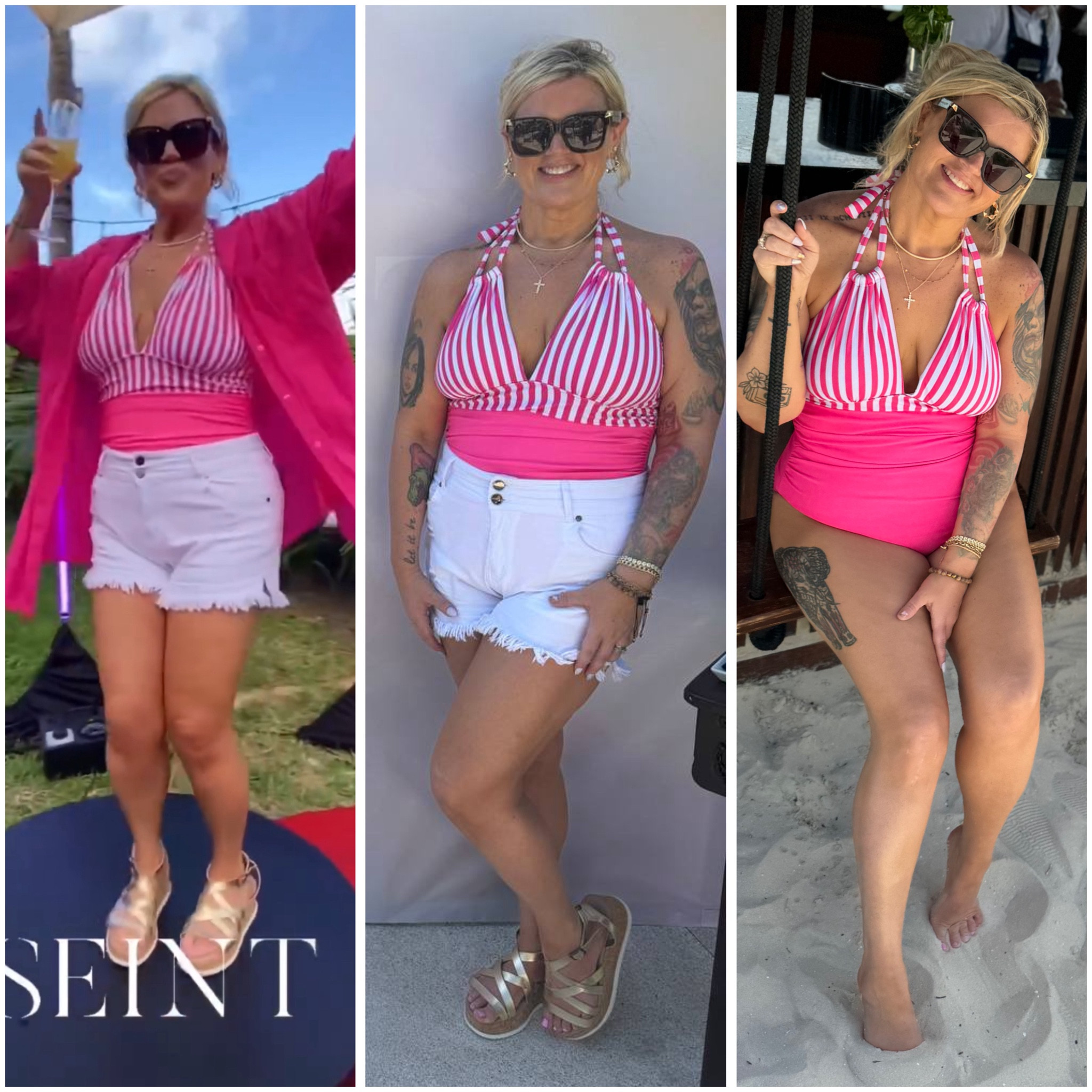 Pink one piece swimsuit halter top convertible with white shorts and a long sleeve swim cover up

#LTKstyletip #LTKmidsize #LTKover40