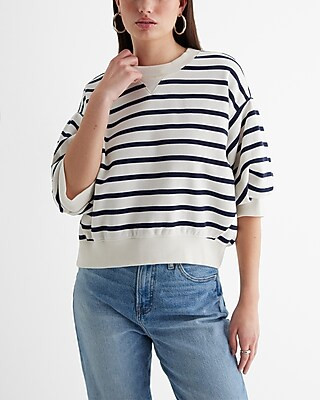 Striped Crew Neck Puff Sleeve Fleece Sweatshirt | Express