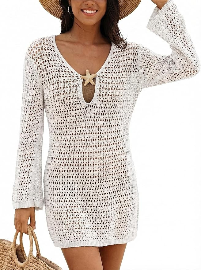 CUPSHE Women Crochet Swimsuit Cover Ups Long Sleeve Summer Beach Coverup Dress for Swimwear | Amazon (US)