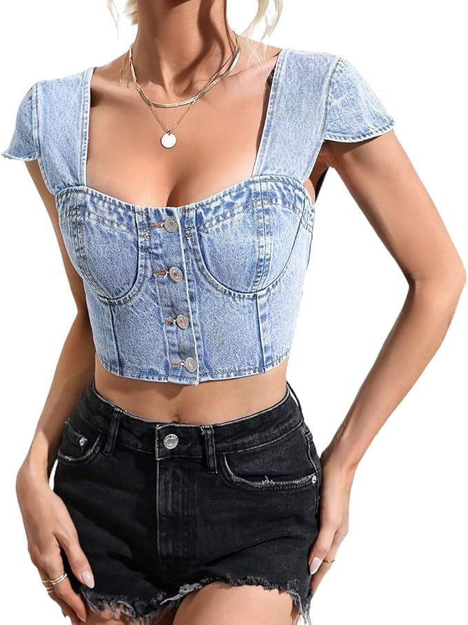 Women's Denim Crop Top Ruffle Sleeve Jean Corset Top Sexy Button Up Denim Vest | Amazon (US)
