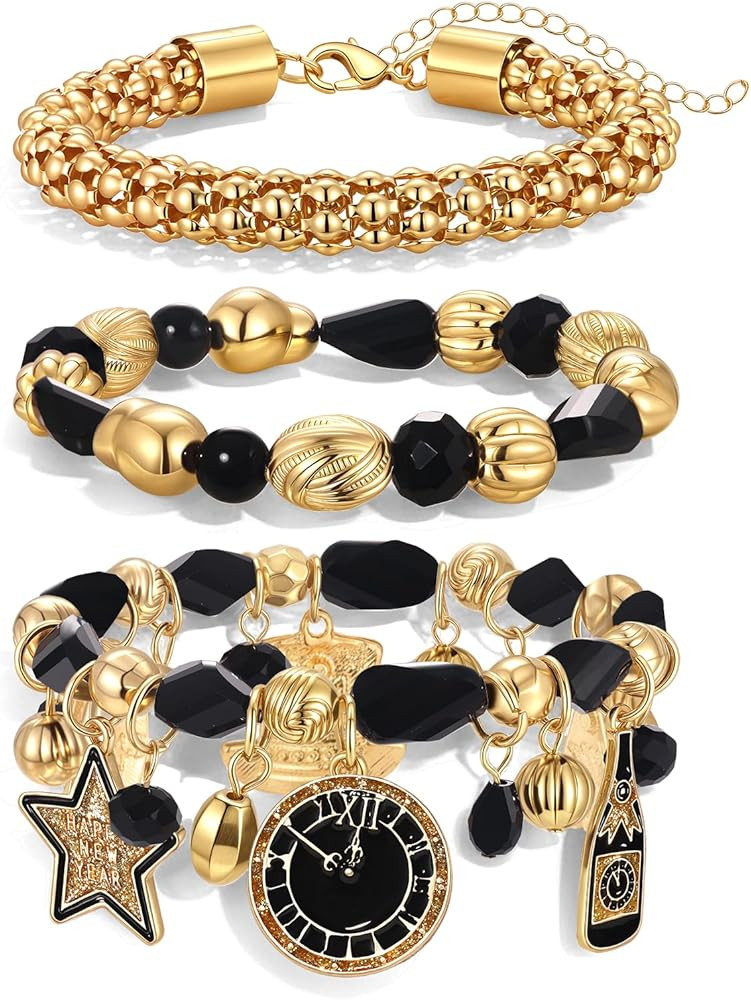 3Pcs New Years Bracelet for Women Gold Black Beaded Bracelets Star Balloon Hat Bottle Charm Brace... | Amazon (US)