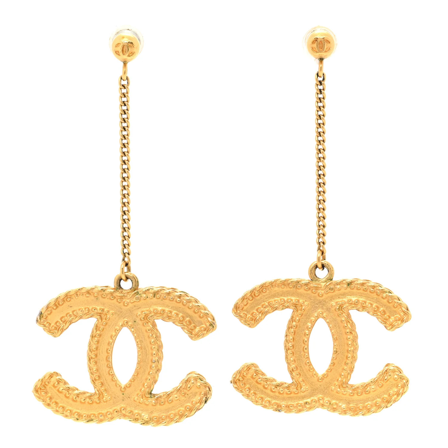 Metal CC Drop Earrings Matte Gold | FASHIONPHILE (US)