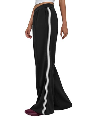 BISUAL Track Pants Women Wide Leg High Waisted Cotton Stretch Sweatpants Baggy Contrast Side Stripes Sweat Pants Black | Amazon (US)