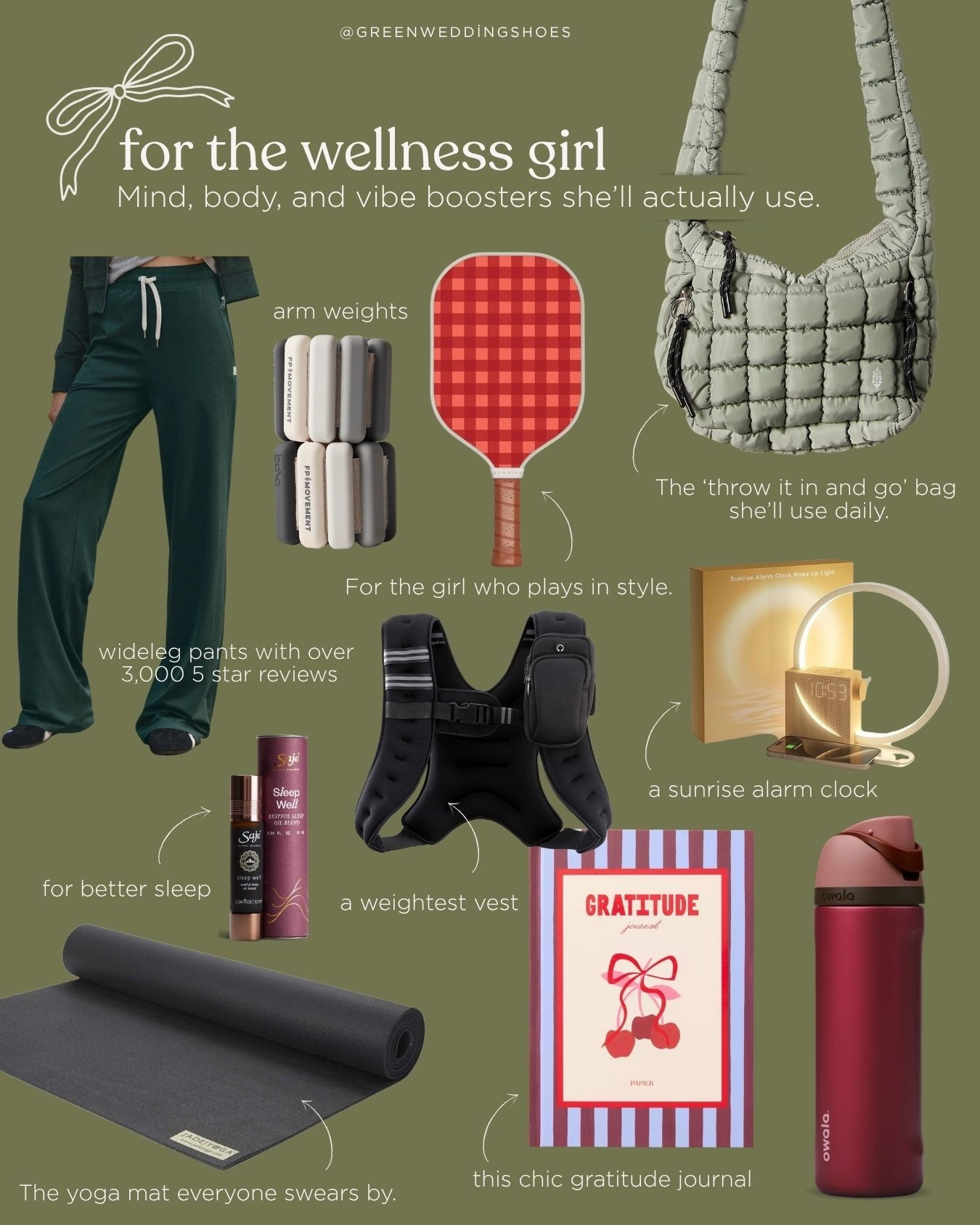 Gifts for the wellness girl. We love these lounge pants (that have over 3,000 5 star reviews and come in lots of colors), the weighted vest is a game changer for walks and the sleep oil helps for a great night sleep. Plus the prettiest gratitude journal and an elevated water bottle. 

#LTKHoliday #LTKGiftGuide