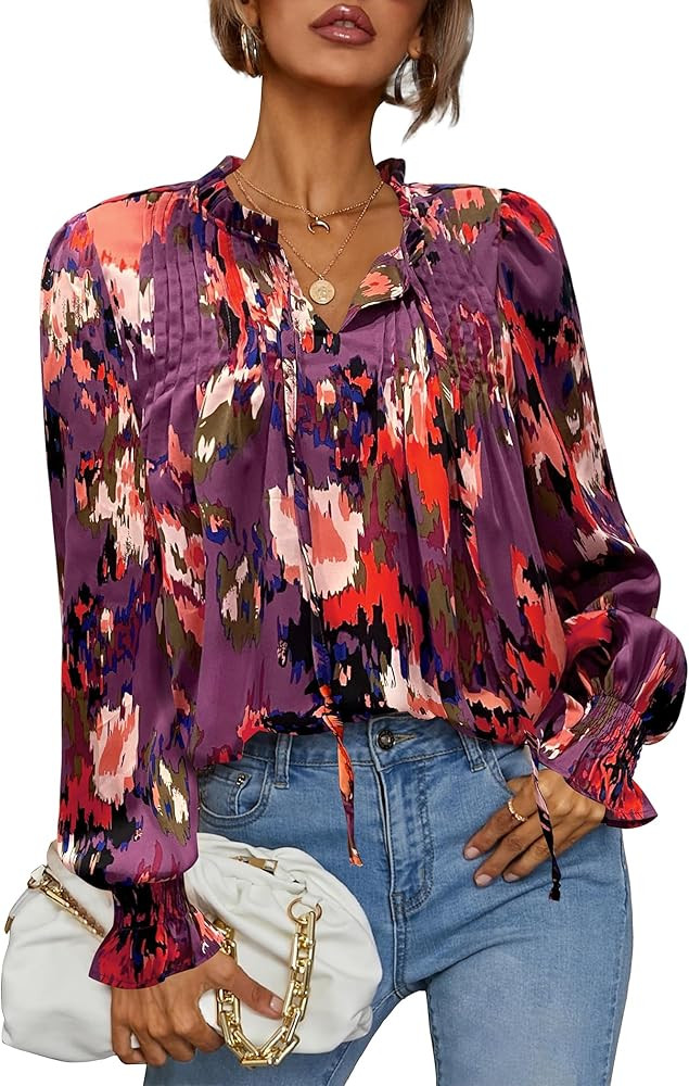 HOTOUCH Womens Long Sleeve Tops Boho Floral Printed Blouses Casual V Neck Pleated Drawstring Peas... | Amazon (US)