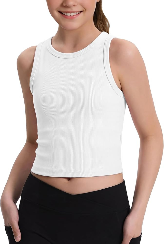 Girls Tank Tops Kids Athletic Sleeveless Crew Neck Ribbed Knit Casual Workout Crop Tops 5-14Y | Amazon (US)