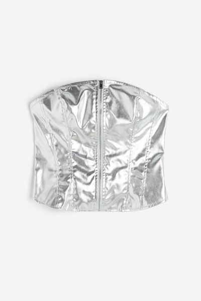 Coated Corset-style Top - Silver-colored - Ladies | H&M US | H&M (US)