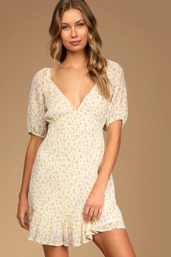 Flirtatious Fit White Floral Print Puff Sleeve Mini Dress | Lulus (US)