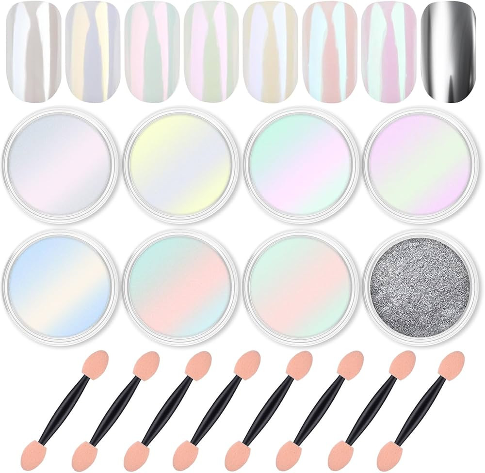Artdone 8 Jars Chrome Nail Powder Magic White Pearl Kit Mirror Effect Silver Metallic Holographic... | Amazon (US)
