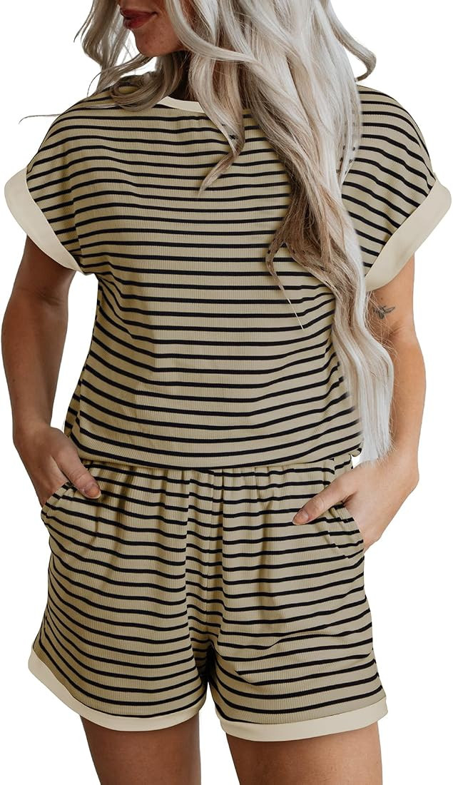 SHEWIN Womens 2 Piece Outfits Sweatsuit Casual Loose Striped Short Sleeve Tops Shorts Lounge Sets... | Amazon (US)