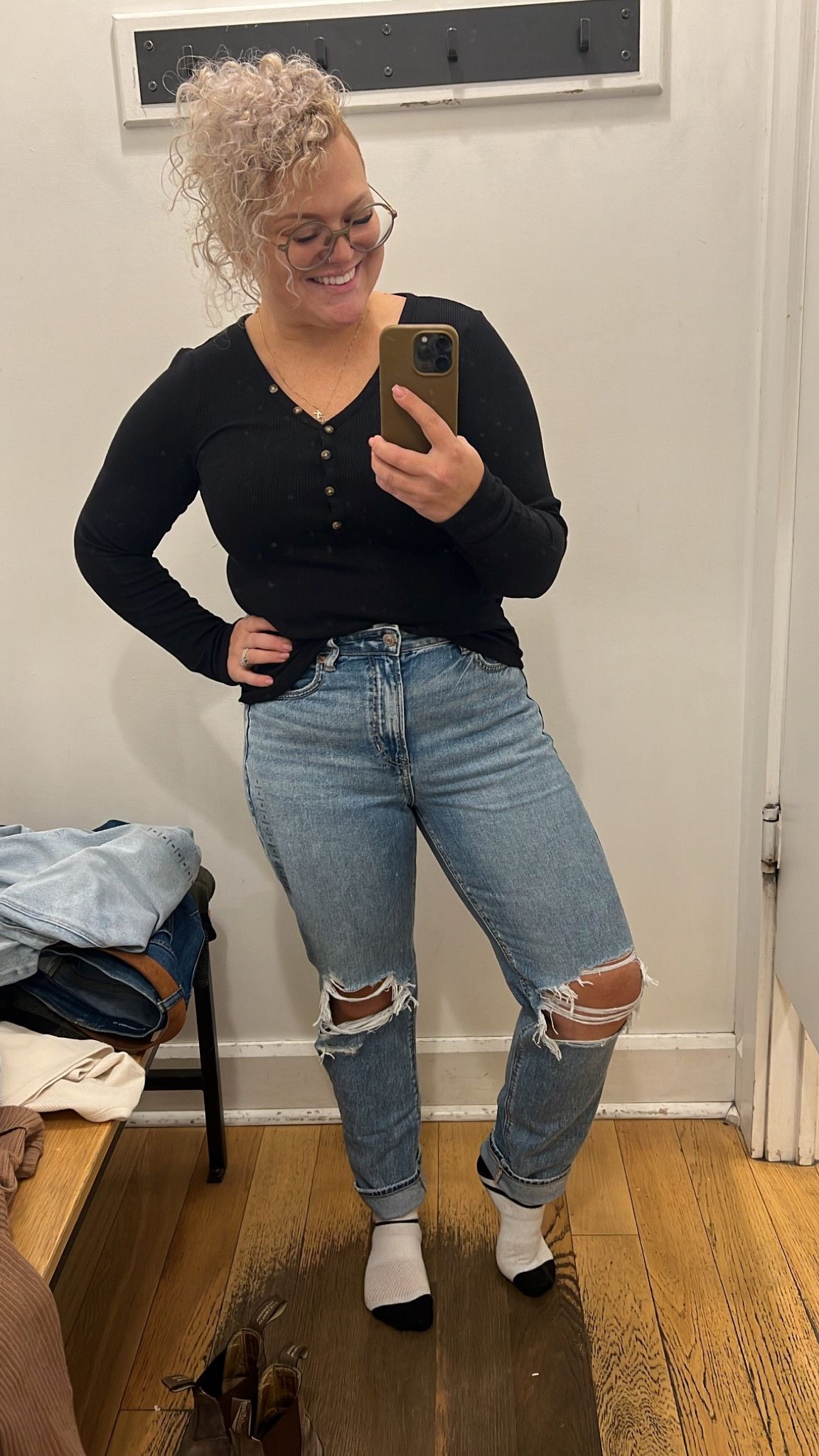 My favorite out of all the AE Strigid Mom Jeans. Here I’m wearing the 8 Regular, but later I snagged the 8 Short. 
And again here’s that Waffle Henley in a size Large  

#LTKfindsunder50 #LTKCyberWeek #LTKsalealert