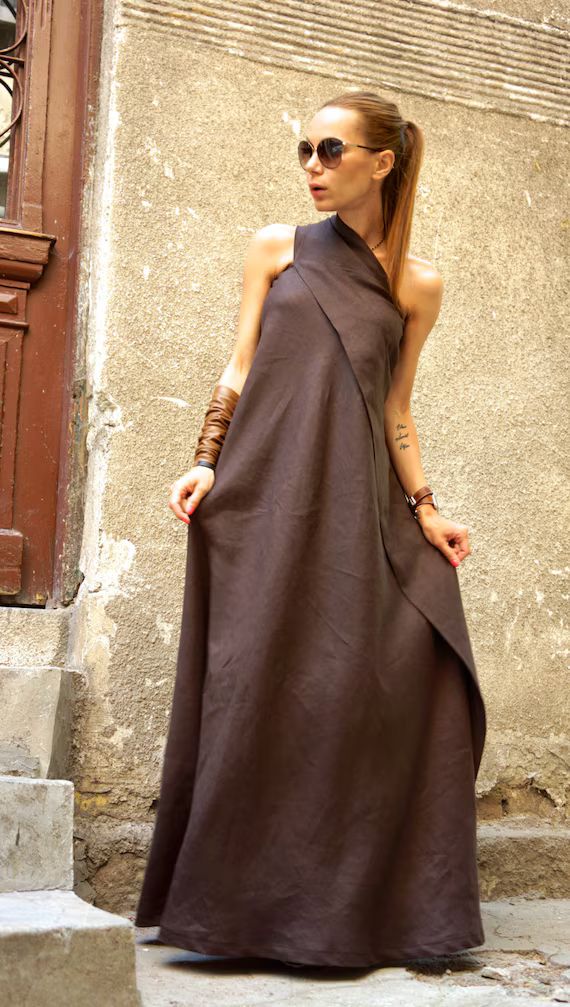 New Maxi Brown Dress / Kaftan Linen Dress / One Shoulder Dress / Extravagant Long  Dress / Party ... | Etsy (US)