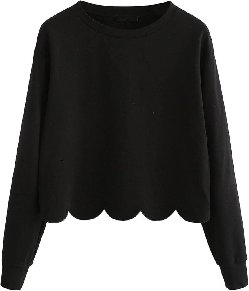 Romwe Women's Casual Long Sleeve Scalloped Hem Crop Tops Sweatshirt | Amazon (US)