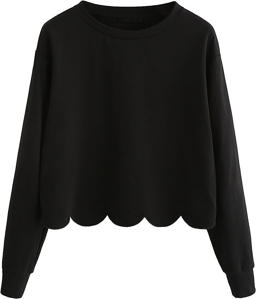 Romwe Women's Casual Long Sleeve Scalloped Hem Crop Tops Sweatshirt | Amazon (US)