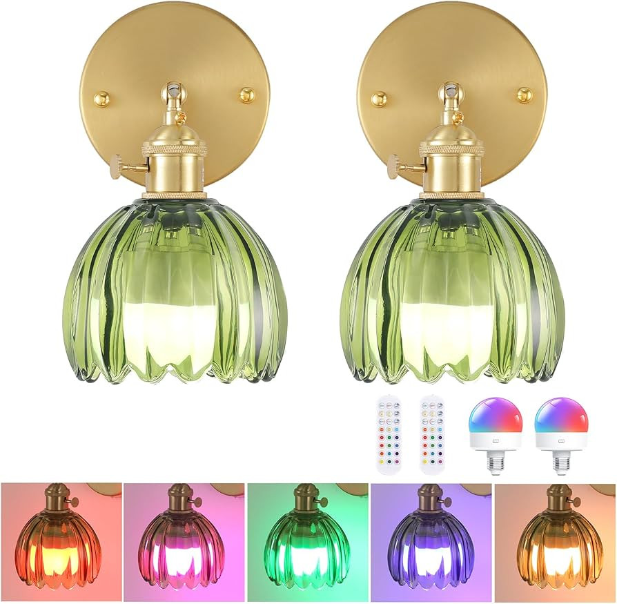 Vintage Battery Operated Wall Sconce with Green Tulip Glass Lampshade Rechargeable Battery Powere... | Amazon (US)