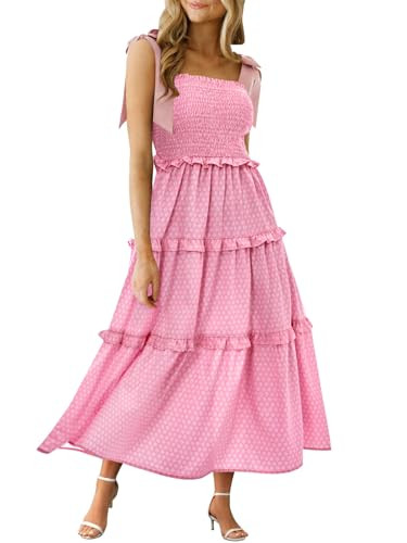 Wenrine Womens Summer Floral Maxi Dress Smocked Tie Shoulder Boho Sleeveless Ruffle Tiered Casual... | Amazon (US)
