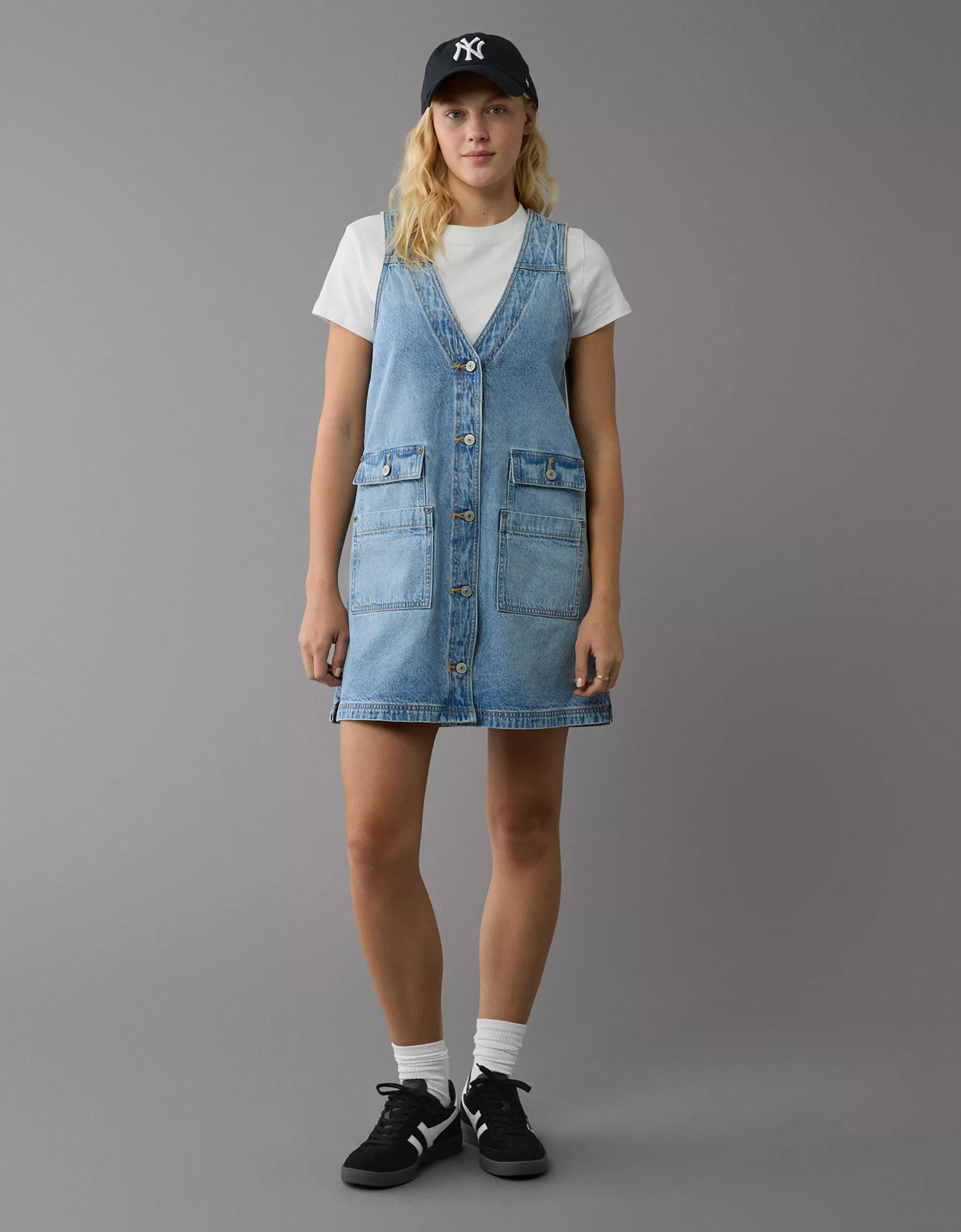 AE Denim V-Neck Pinafore Dress | American Eagle Outfitters (US & CA)