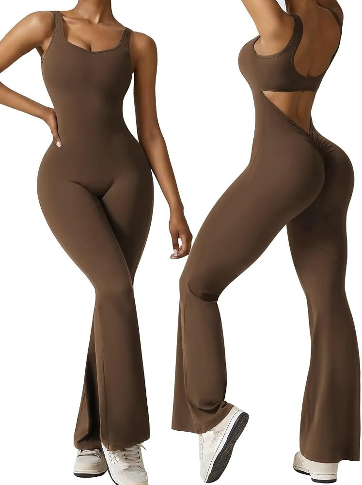 Vertvie Women Sleeveless Flare Jumpsuits Sexy Backless Tank Tops Bodycon Scrunch Butt Yoga Romper... | Amazon (US)