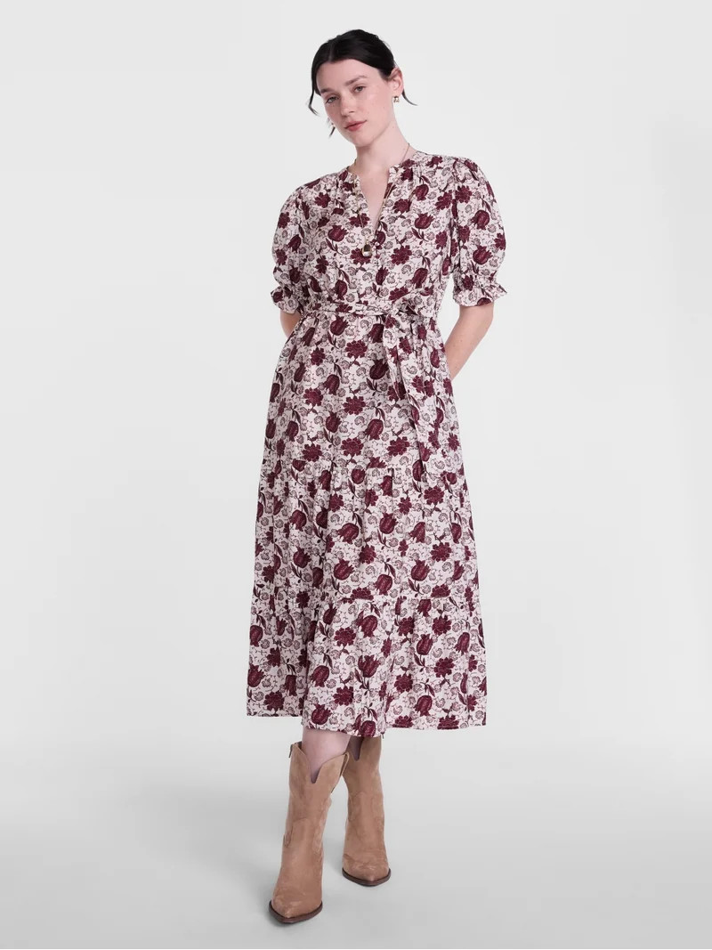 Scenario Women's and Women's Plus Tiered Midi Dress with Short Sleeves, Sizes XS-4X | Walmart (US)