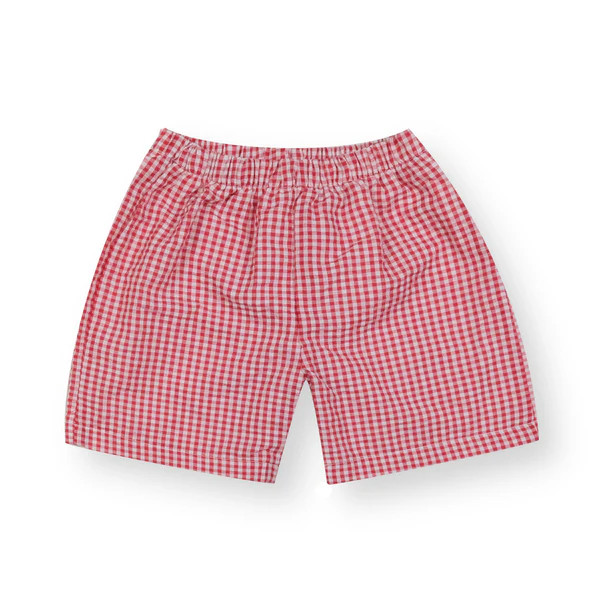 Boys Red Seersucker Gingham Shorts | Saddle Stitches