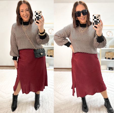 Styling this Amazon sweater with a burgundy slip skirt!  This one is from Walmart but linked a similar one from Amazon too. Sized up to an xl in mine for more room around the hips!  Boots are BOGO 50% off this week at Target. 

#LTKfindsunder50 #LTKmidsize #LTKHoliday